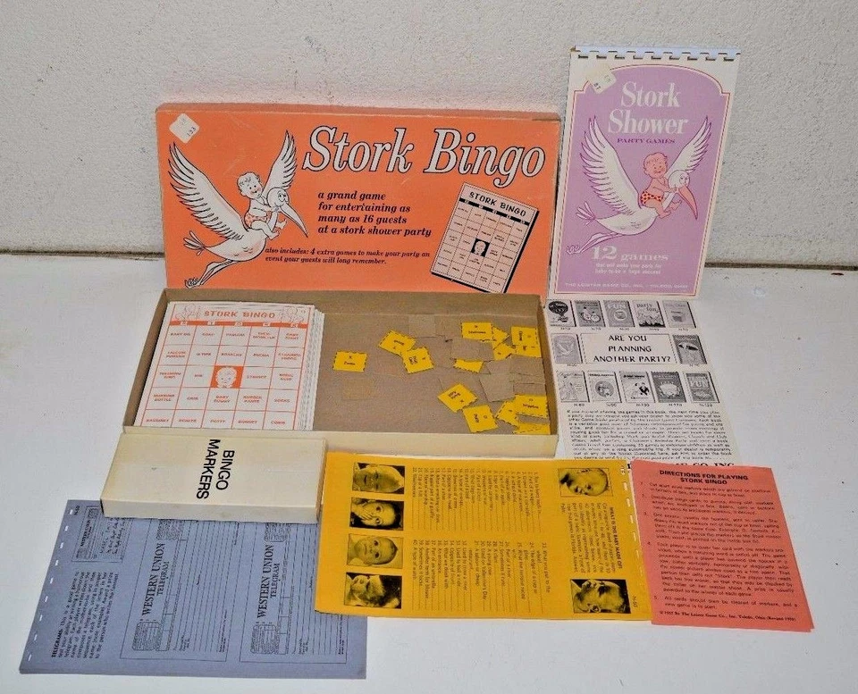 Bonito Juego de Bingo Baby Shower Vintage 1974 Cigüeña Completo Raro Leister Game Co Inc Foto 1 de 4