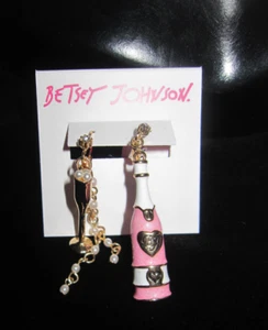 BETSEY JOHNSON XOXO  FAUX PEARL WITH GLASS AND CHAMPAGNE BOTTLE DANGLE EARRINGS - Picture 1 of 3