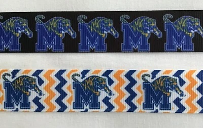 Memphis Tigers Grosgrain ribbon Blue 7/8" 1"  Tiger M Orange black - Image 1 of 4