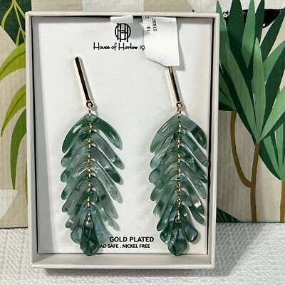 14K Gold Plated Dangling Leaf Earrings Green Lead Free House of Harlow 1960 - Image 1 of 4