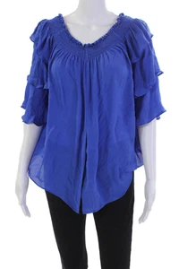 Artelier Nicole Miller Womens Smocked Off Shoulder Silk Top Blue Size Petite - Picture 1 of 6