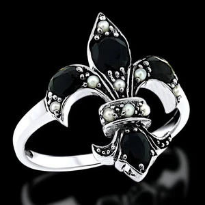 VINTAGE BLACK AGATE & PEARL FLEUR-DE-LIS 925 SOLID STERLING SILVER RING 593 - Picture 1 of 3