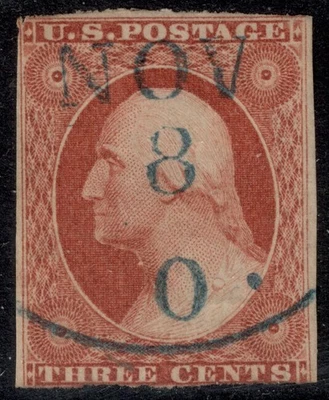 Scott #10A 1851 Naranja Profundo Marrón Tipo II 3 Céntimos Washington Azul Cancelar CV $195 Foto 1 de 2