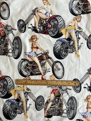 "Hot Wheels" Alexander Henry Pin Up Biker Girls Cotton Fabric 1 Yd 17" - Image 1 of 3