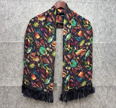 Casca 真丝雪纺围巾热带鱼五颜六色海军蓝流苏 10 英寸 x 57 英寸 — 第 1/4 张图片