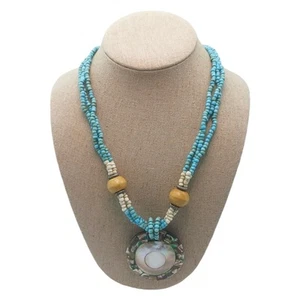 Vintage Womens Beaded Statement Necklace Wood Stone Abalone Mother of Pearl Blue - Picture 1 of 10