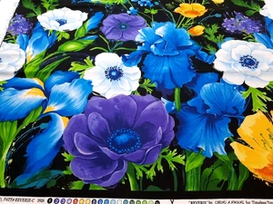 1 1/2 yds 'Reverie-C' 5926 Timeless Treasures Black w/Large Multicolor Flowers - Picture 1 of 5