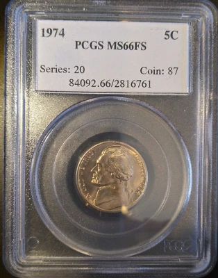 1974 PCGS MS66FS MS66 Full Step 5FS Jefferson Nickel Tough OBH Old Blue Holder - Image 1 of 3