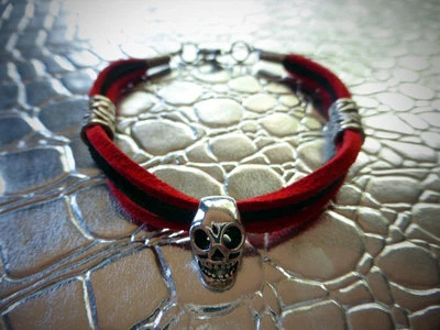 Red & Black Sueded Leather w/ Tibetan Silver Skull BRACELET - Image 1 of 2
