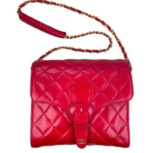 Chanel CC Red Flap Buckle Front Over Snap Quilted Lambskin Shoulder Purs… - Picture 1 of 14