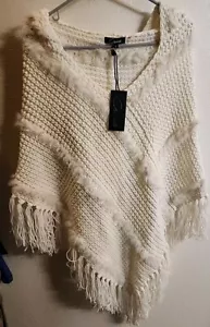Cute Beige Sweater Pullover/Shawl Cecico Womens L Fringed Hooded NWT!! - Picture 1 of 6