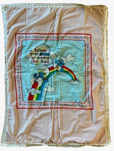 Vtg 80s Smurfs Baby Kids Blanket Quilt Smurfette Peyo S.E.P.P.  Satin edge - Picture 1 of 6