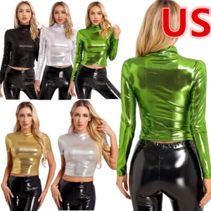 Women's Shiny Glitter Mock Neck Long Sleeve Tops Sparkly Shirt Party Club - Picture 1 of 71