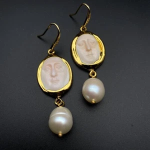 Pink Sea shell Facial Cultured White Rice Pearl Dangle Hook Earrings - Picture 1 of 7