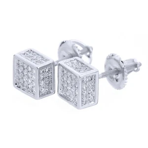 Men's Hip Hop Silver Plated 6 mm Iced 3D Square Screw Back Stud Earrings BE 069S - Picture 1 of 3