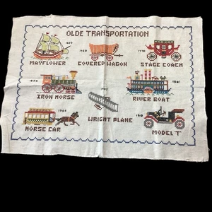 Vintage Embroidered Wall Hanging Old Transportation Unframed 23” X 17” - Picture 1 of 8