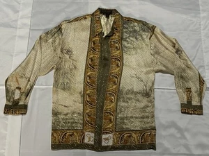 VTG Lion Seta Per Uomo Button Shirt Sz M Black Gold Metallic Silk - Picture 1 of 23
