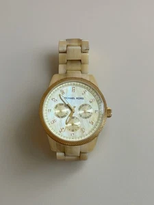 Michael Kors MK5039 Chronograph Beige Resin Gold Tone Women’s Watch Small 6” - Picture 1 of 15