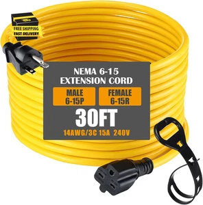 30Ft Nema 6-15 Extension Cord 6-15P Male to 6-15R Female, 15 Amp Power Cable for - Picture 1 of 7