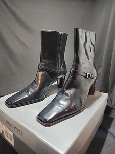 Nine West N- Lagosta Black Leather Square Toe High Ankle Boots Size 7M Pre Owned - Picture 1 of 13