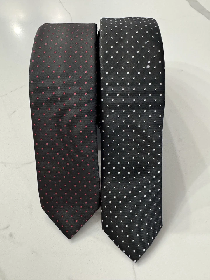 "Lote de 2 corbatas Elegance delgadas-negras con puntos rojos y blancos-57""-100 % microfibra" Foto 1 de 4