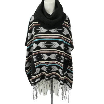 Poncho Doble Cero Cuello Alto Flecos Talla S Boho Bolsillos Suroeste Western Foto 1 de 4