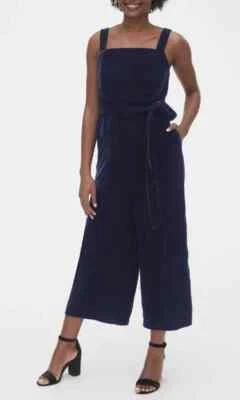 Gap VTG Jumpsuit Women NAVY 12 Velvet Square Neck Belted Flare Leg Adjust Strap - Image 1 of 4