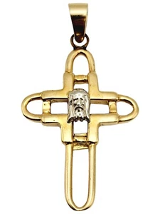 Pendant Polished Two Tone Gold Cross w/ Jesus Face 14 Karat Yellow & White Gold - Picture 1 of 12