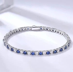 5Ct Round Lab Created 3mm Gemstones Blue & W Tennis Bracelet 14K White Gold Over - Picture 1 of 7
