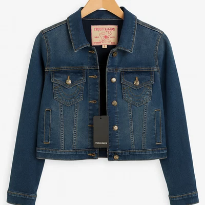 True Religion Jesse SN Crop Trucker Jacket Medium Muggy Wash L NWT Gold Buttons - Image 1 of 4