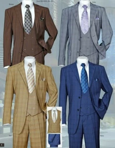 Men's 3-PC SUIT with VEST Fancy Luxurious Wool Feel Plaid/Check Design SideVents - Picture 1 of 12