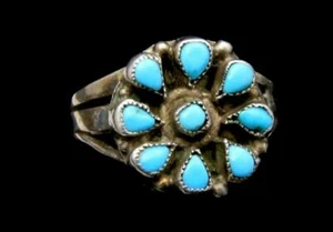 Vintage Small Petit Point Cluster Turquoise & Sterling Ring Native American 4.5 - Picture 1 of 6