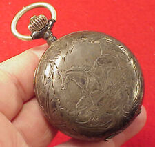 W&D VINTAGE HUNTING CASE FRENCH Roskopf .800 SILVER Pocket Watch HORSE HOUSE 