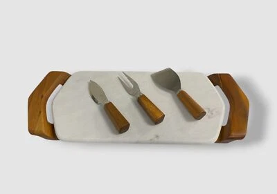 Nambe White Marbled Flat Wooden Handle Chevron Cheese Tray w/ Knives - Image 1 of 4
