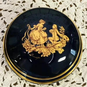 Caja de baratijas redonda Limoges verdadera porcelana artística cobalto oro azul señor dama - Imagen 1 de 6