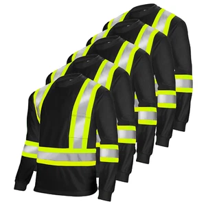 5 Black Hi Vis Shirt ANSI Class 1 Reflective Safety Long Sleeve HIGH VISIBILITY - Picture 1 of 11