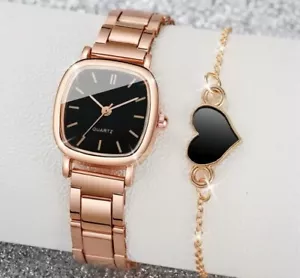 Women’s Square Stainless Steel Watch Set - Quartz Bracelet Watch with Heart Char - Picture 1 of 2