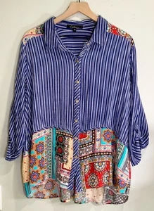 Calessa Plus 2X Boho Patchwork Blouse Blue Stripe Mixed Print Button Front Top - Picture 1 of 6