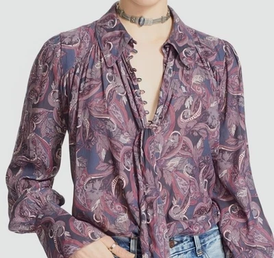 Blusa Free People Moderna Muse Paisley Top Roxa Botão Frontal Feminina Tamanho Pequeno  - Imagem 1 de 4