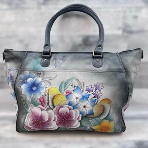 Anuschka große Tasche geblümt grau handbemalt Leder Schultertasche 3234 - Bild 1 von 17