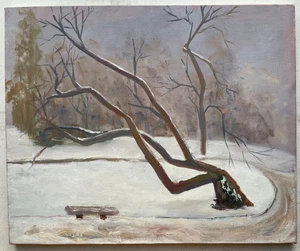 Antique 1940's - Oil Canvas Painting - Luxembourg Garden in Winter - Picture 1 of 13