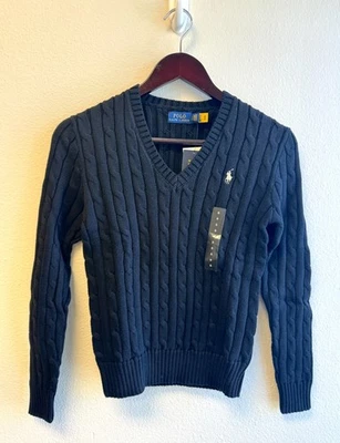 Para Mujer Negro S- Algodón Cuello en V Polo Ralph Lauren Suéter Tejido con Cable Foto 1 de 4