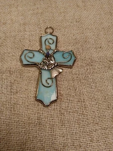 Stained Glass Baby Blue Cross Pendant Ornament, Guardian Angel, Silver Tone - Picture 1 of 6