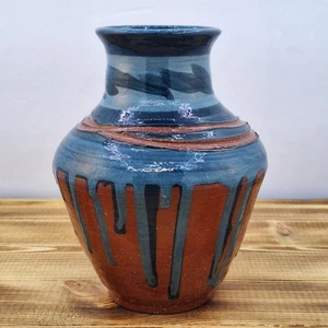 Studio Pottery 6" Bud Vase Blue Brown Drip Layer Glaze, Artist Signed F.T.D - Picture 1 of 9