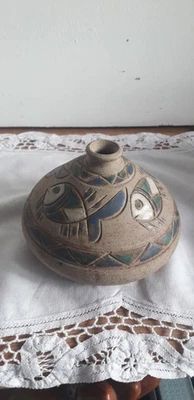 Greek Vintage Pottery Studio Hand Painted  Vase with Carved  Fish Motif. S - Image 1 of 4