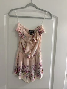 đŸ”¥Angie Strapless Romper Size S Pink Floral Pockets Boho Festival Summer Ron Jon - Picture 1 of 5