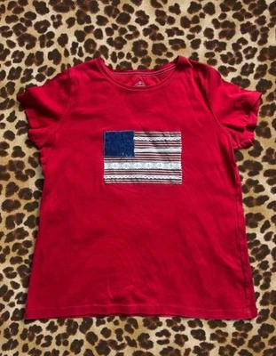 Red St. John’s Bay American flag patchwork lace tshirt upcycled women’s L Boho - Image 1 of 3