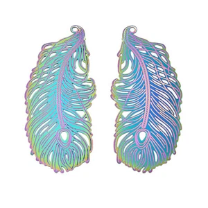 50x Feather Stainless Steel Filigree Big Pendants Etched Embellishments 60x27mm - Picture 1 of 2