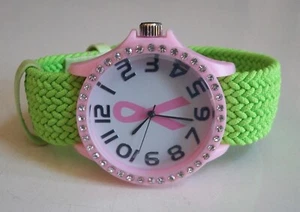 Rhinestone Pink Ribbon Breast Cancer Awareness Stretch Fabric Band Fashion Watch - Picture 1 of 6