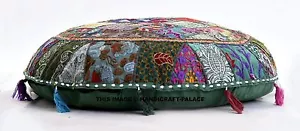 32" Green Round Floor Pillow Cushion Cover Handmade Throw Indien Bohemian Decor - Picture 1 of 4